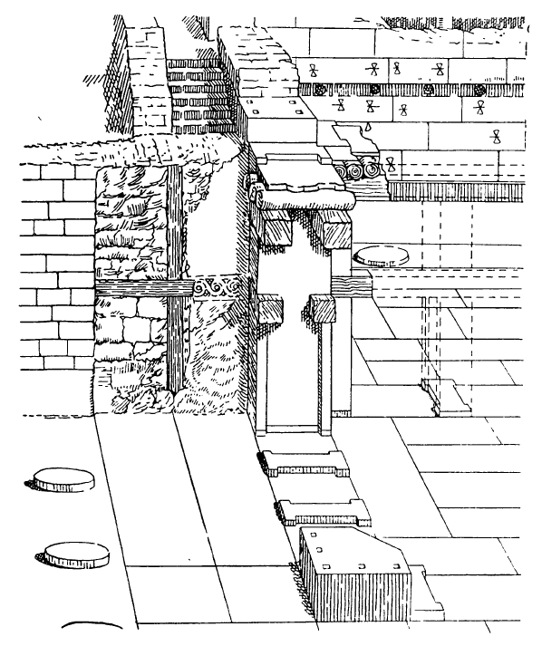 Кносс. Дворец, начало II тысячелетия — XV в. до н. э. Конструкция стены с ортостатами и с деревянными связями