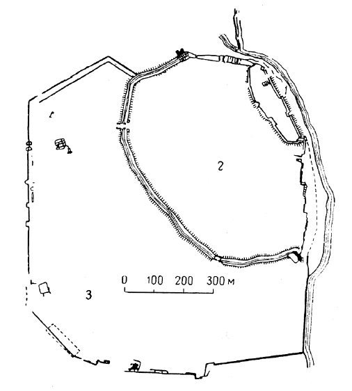 Кархемыш. План города, XX—VIII вв до н. э. Цитадель (1), внутренний (2) и внешний (3) город