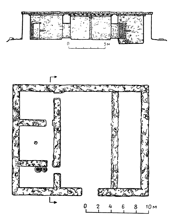 Арагац, VII в. до н. э. Жилой дом. Разрез (реконструкция) и план