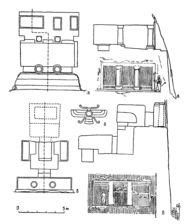 Гробницы: а — Фахрика, VII в. до н. э.; план, разрез, фасад; б — Сехне; план, разрез, фасад