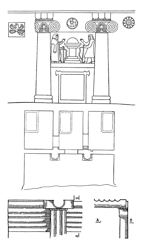 Сурдаш. Гробница Кызкапан, конец VII — начало VI вв. до н. э. Фасад, план, деталь потолка