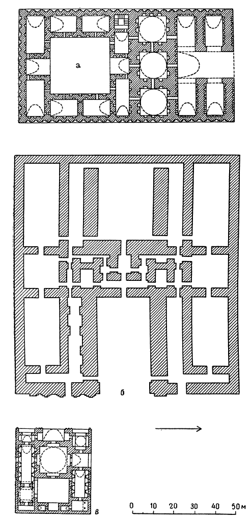 Дворцовые постройки: а — в Фирузабаде, 223 г.; б — в Ктесифоне, III или V в.; в — в Сарвистане, V в.
