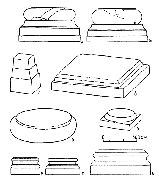 Базы колонн: а — Халчаян, Ханака-тепе; б — Ниса; в — базы аттического профиля
