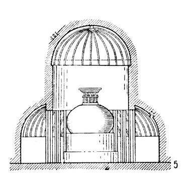 Монастырские комплексы, высеченные в скалах: 5 — Аджанта; чайтья № 10, III в. до н. э.; поперечный разрез