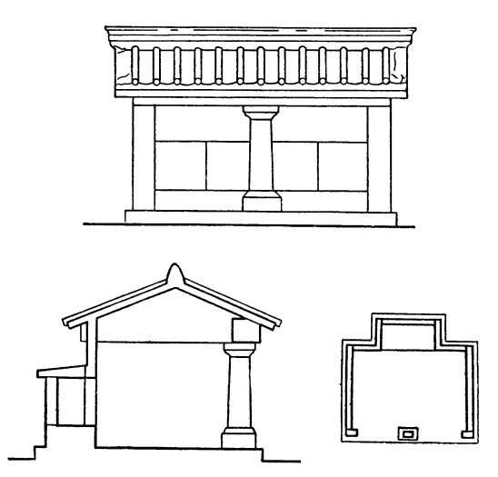 Шаньдун, провинция. Храм перед погребением, II в. Фасад, разрез и план