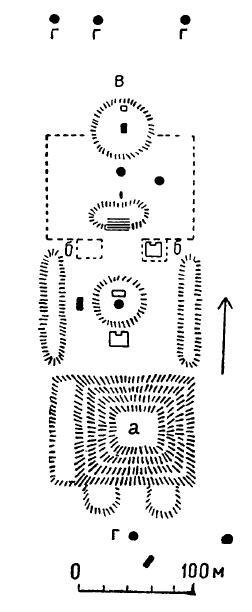 Ла Вента. Генеральный план центра города, около 300 г.: а — пирамида; б — платформа; в — гробница; г — колоссальные головы
