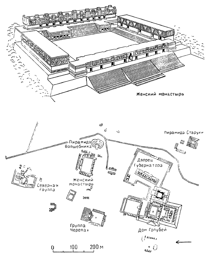 Ушмаль, около 1000 г. Женский монастырь, общий вид; генеральный план центра города