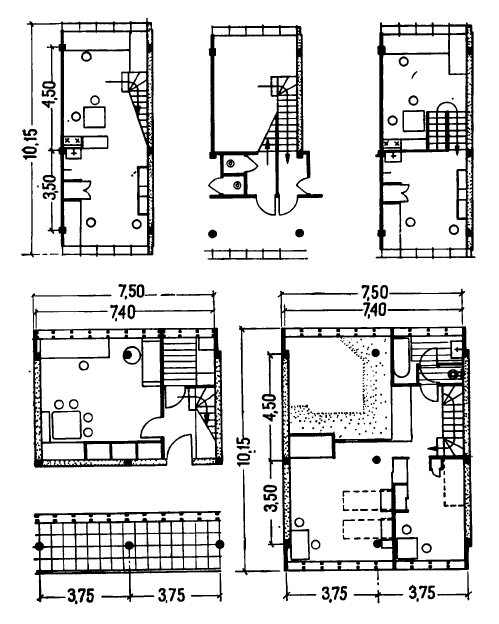 Пространственные жилые ячейки типа Ф, разработанные в секции типизации Стройкома РСФСР и использованные в доме на Новинском бульваре