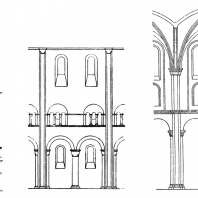 Схема членения стены среднего нефа церквей св. Михаила в Гильдесгейме, Нотр-Дам в Жюмьеже и собора в Вормсе