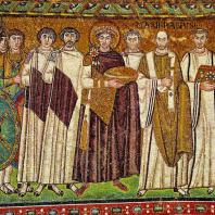 Император Юстиниан со свитой. Мозаика церкви Сан Витале в Равенне. До 547 г.