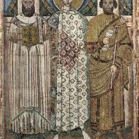 Св. Димитрий с основателями церкви. Мозаика церкви св. Димитрия в Фессалониках. Вскоре после 634 г.