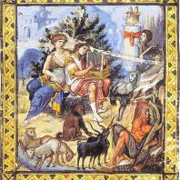 Давид, играющий на лире. Миниатюра Парижской псалтыри. 1-я половина 10 века. Париж, Национальная библиотека
