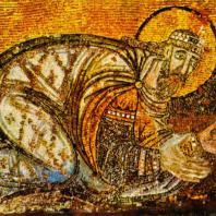 Император Лев VI перед Христом. Мозаика нарфика храма св. Софии в Константинополе. Фрагмент