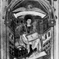 Евангелист Иоанн. Миниатюра Сен-Медардского евангелия. Из монастыря Сен Meдард в Суассоне; около 827 г. Париж, Национальная библиотека
