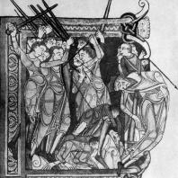 Смерть Саула и его сыновей. Миниатюра Библии Ламбета. Около 1150 г. Лондон, Ламбет-палас