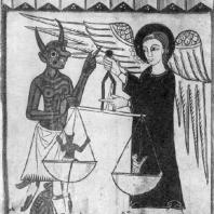 Архангел Михаил, взвешивающий души. Алтарный образ из церкви Валле де Рибес. 13 век. Вик, Епископальный музей