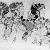 Женщины, смотрящие на представление (так называемые «Дамы в голубом»). Фреска Кносского дворца (реставрирована). Середина 2 тысячелетия до н. э. Гераклейон. Музей