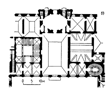Барокко в архитектуре Италии. Рим. Палаццо Барберини, с 1624 г., К. Мадерна, Ф. Борромини, Л. Бернини: 1 — планы этажей: б — 2-й этаж (средняя часть)