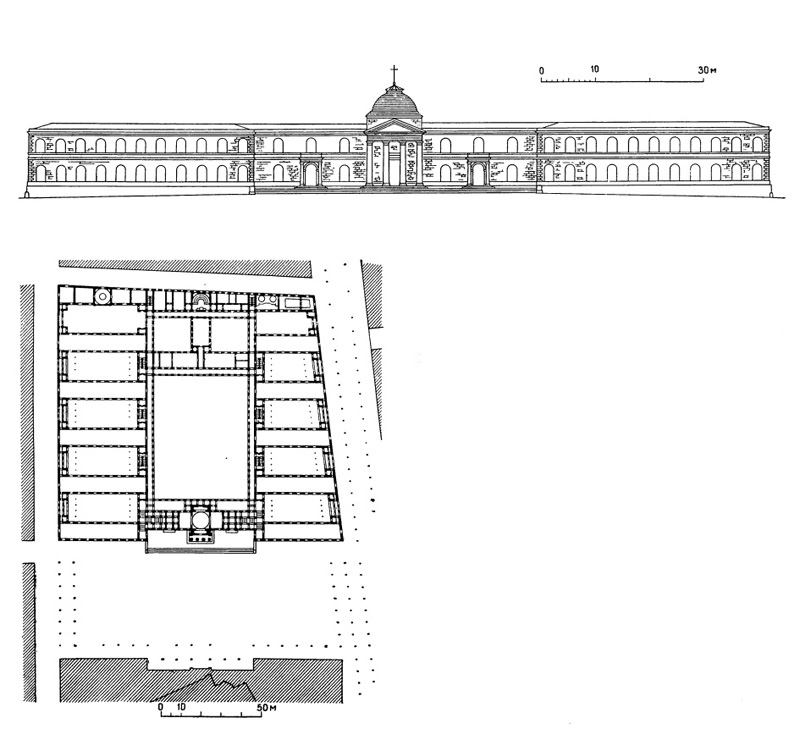 Архитектура Франции. Бордо. Госпиталь, 1829 г., Бюрге. План и фасад