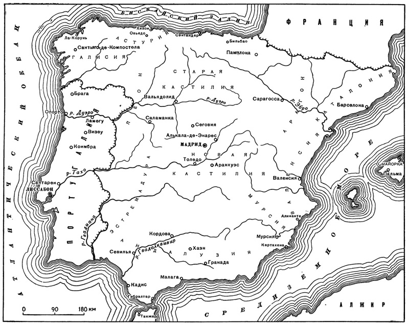 Схематическая карта Испании и Португалии