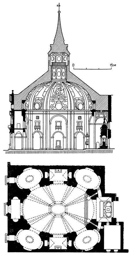Архитектура Испании: Алькала де Энарес. Монастырь Бернардинок, закончен в 1618 г., X. Гомес де Мора и С. дель Пласа. План, разрез