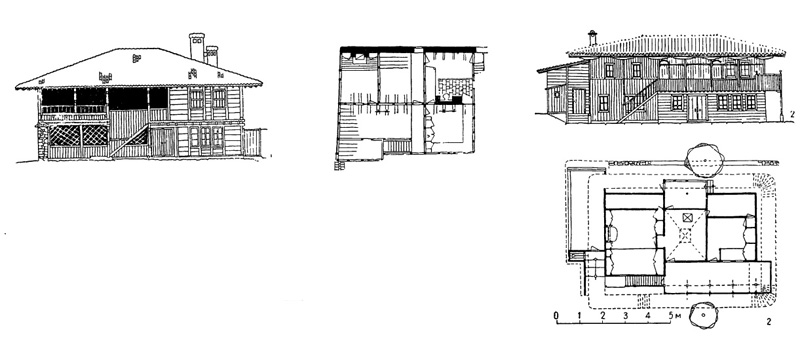 Архитектура Болгарии: Рис. 2.1 — Копривштица, дом Душкова, план и фасад; 2 — Жеравна, дом Саввы Филаретова, план и фасад