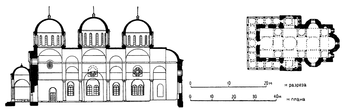 Архитектура Болгарии: Рильский монастырь. Церковь 1834—1860 гг., Павел из Кримина. План, продольный разрез