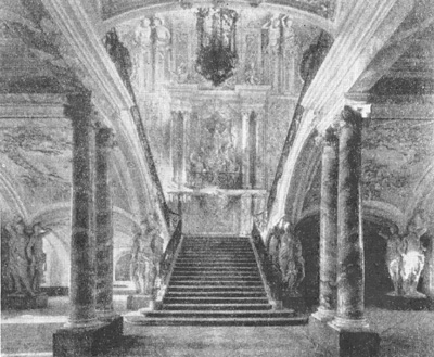 Архитектура Германии: Брюль. Дворец. Дворцовая лестница, 1740 г., И. Б. Нейманн; стук — Артарио, К. П. Морсеньо, Д. Брили
