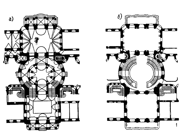 Архитектура Германии: Брухзаль. Дворец, дворцовая лестница, 1729—1732 гг., И. Б. Нейманн: 1 — план лестницы: а — 1-й этаж, б — 2-й этаж