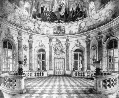 Архитектура Германии: Брухзаль. Дворец, дворцовая лестница, 1729—1732 гг., И. Б. Нейманн: 4 — площадка лестничного зала, стук, 1752 г., И. М. Фейхтмайр