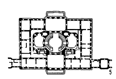 Архитектура Германии: Брухзаль. Дворец, дворцовая лестница, 1729—1732 гг., И. Б. Нейманн: 5 — план центрального корпуса дворца