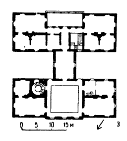 Архитектура Англии: Лондон. Гринвич. Куинс-Хаус, 1616—1635 гг., И. Джонс: 3 — план