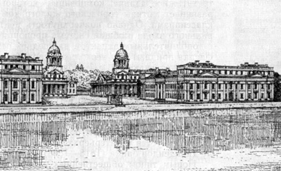 Архитектура Англии: Лондон. Гринвичский госпиталь, 1698—1729 гг., К. Рен, Н. Хоуксмор и Д. Вэнбру. Общий вид
