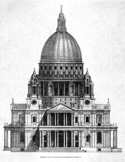 Архитектура Англии: Лондон. Собор св. Павла, 1675—1717 гг., К. Рен. Фасад по гравюре