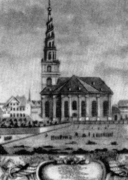 Архитектура Дании: Копенгаген. Церковь Спасителя, 1682—1696 гг., Л. ван Хавен; шпиль, 1749—1752 гг., Л. Тура. Гравюра