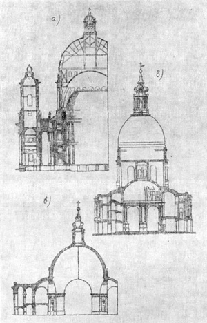 Архитектура Дании: Копенгаген. Мраморная церковь, 1754—1894 гг. Общий вид, разрезы церкви по проектам: б — Н. Эйтведа (1752); в — Л. Тура (1754)
