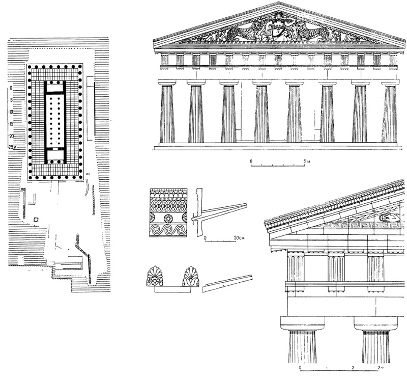 Архитектура Древней Греции. Гаритза на о. Коркире (Корфу). Храм Артемиды, около 600 г. до н. э. План, фасад (реконструкция), черепица, деталь ордера