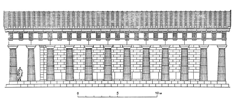 Архитектура Древней Греции. Дельфы. Храм Афины Пронайи (II), около 500 г. до н. э. Боковой фасад (реконструкция)