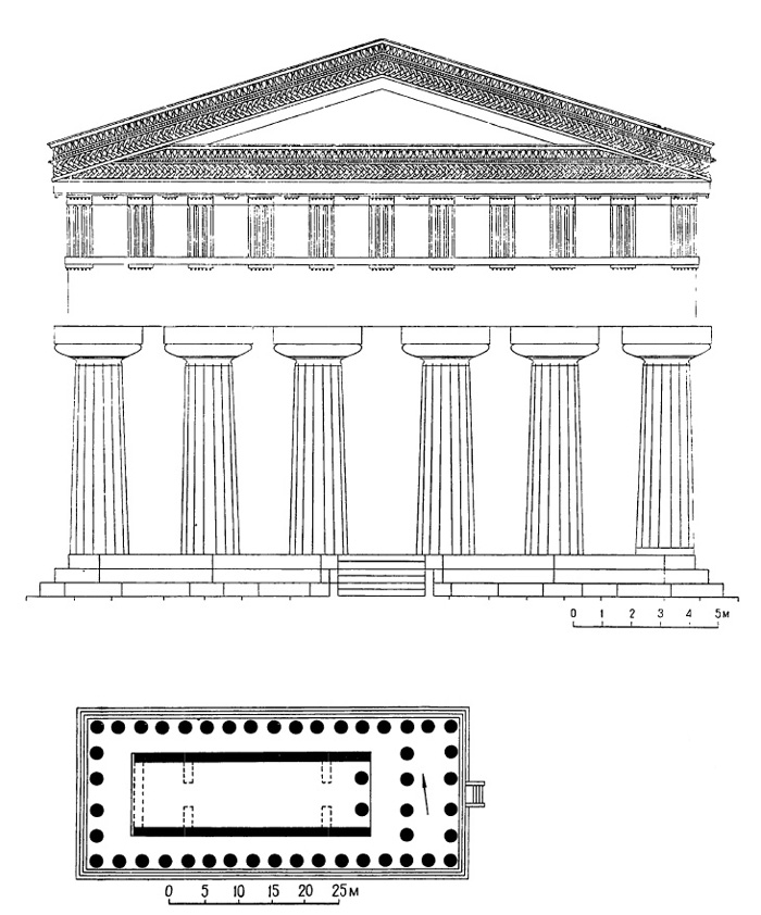 Архитектура Древней Греции. Сиракузы. Храм Аполлона, 1-я четверть VI в. до н. э. Фасад, план