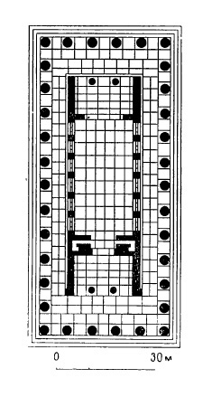 Архитектура Древней Греции. Акрагант. Храм Деметры (Конкордии), около 430 г. до н.э. План (показаны позднейшие проемы)