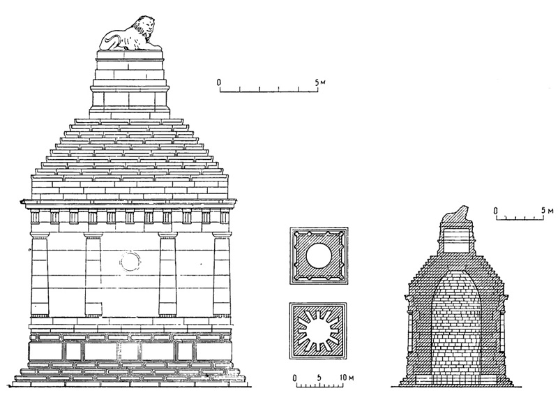 Архитектура Древней Греции. Книд. «Львиная гробница», начало IV в. до н.э. Планы, фасад, разрез