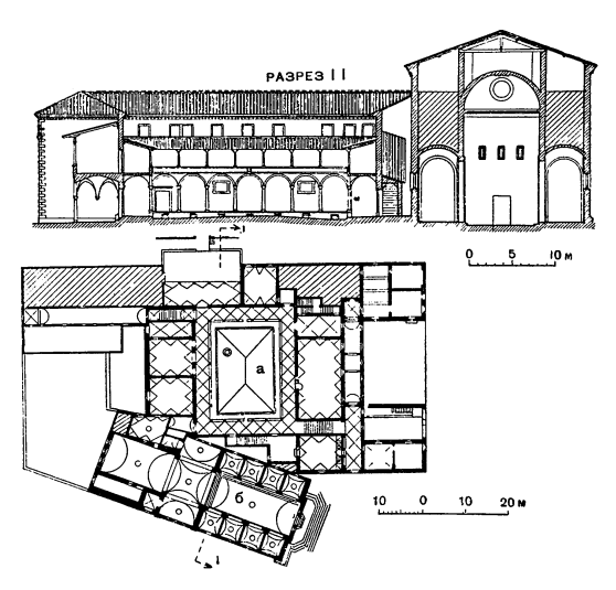 Архитектура эпохи Возрождения в Италии: Флоренция. Аббатство во Фьезоле, 1456—1464 гг.: а — двор; б — церковь