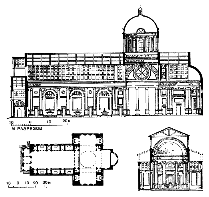 Архитектура эпохи Возрождения в Италии: Мантуя. Церковь Сант Андреа, 1472—1600 гг., Альберти. План, разрезы