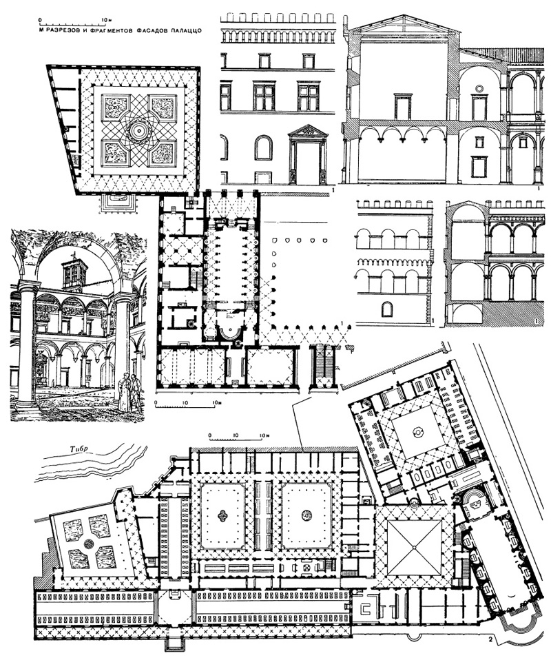 Архитектура эпохи Возрождения в Италии: Рим. 1 — палаццо Венеция с церковью и садом св. Марка. Перестроено около 1465 г.; 2 — Оспедале Сан Спирито (дворик — по рисунку Летаруи). Начало перестройки 1471 г.