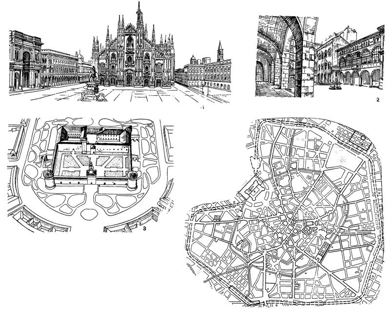Архитектура эпохи Возрождения в Италии: Милан. 1 — соборная площадь; 2 — площадь деи Мерканти; 3 — замок Сфорца; схема города в XV в.