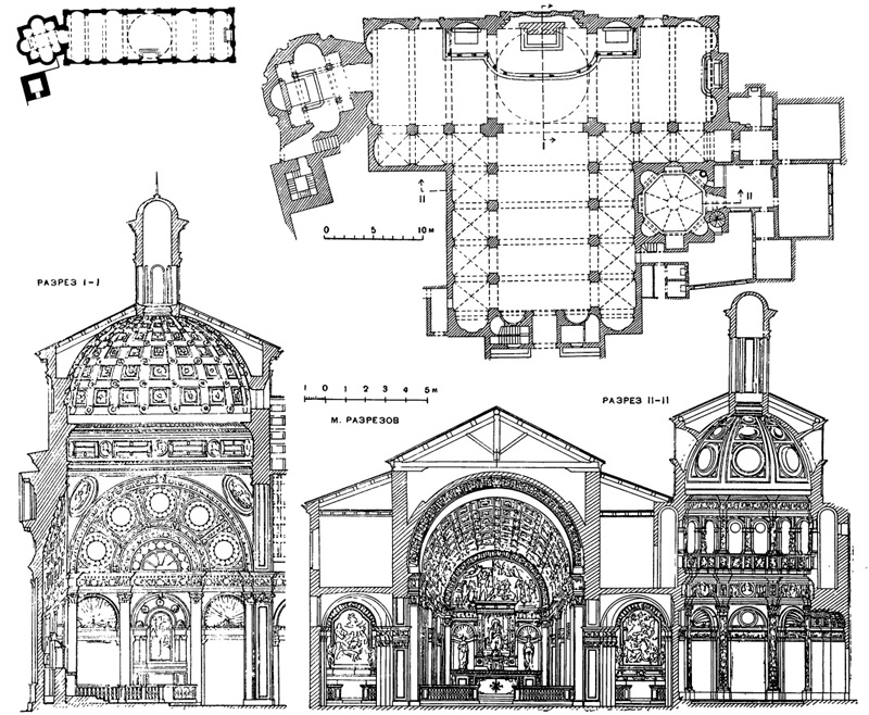 Архитектура эпохи Возрождения в Италии: Милан. Церковь Санта Мария прессо Сан Сатиро, с 1478 г. Браманте. Слева вверху — схема плана 1478 г. в меньшем масштабе