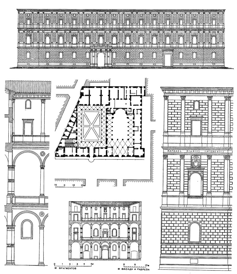 Архитектура эпохи Возрождения в Италии: Рим. Палаццо Канчеллерия, 1483—1526 гг. Бреньо, Браманте и др. (генплан по Летаруи, до пробивки Корсо Витторио-Эммануеле)