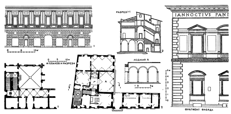 Архитектура эпохи Возрождения в Италии: Рафаэль. 1 — Рим. Палаццо Видони, 1515 г.; 2 — Флоренция. Палаццо Пандольфини, 1520 г.