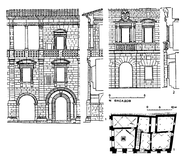 Архитектура эпохи Возрождения в Италии: Монтепульчано. Антонио да Сангалло Старший: 1 — палаццо Таруджи (или Нобиле) с 1518 г.; 2 — палаццо дель Пекора, после 1518 г.
