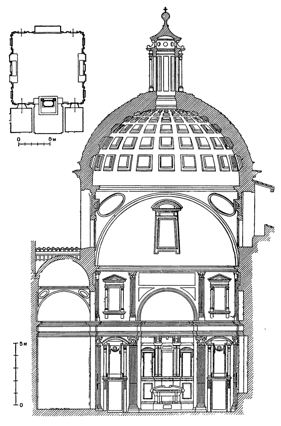 Архитектура эпохи Возрождения в Италии: Флоренция. Капелла Медичи (Новая сакристия) церкви Сан Лоренцо, с 1520 г. Микеланджело. План и разрез